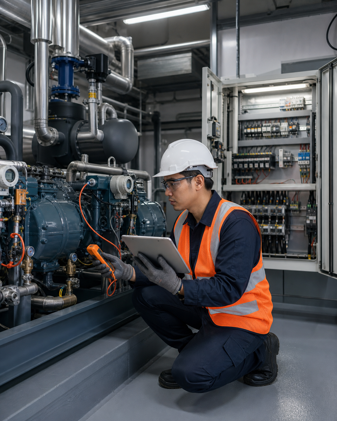 Engineer melakukan inspeksi dan commissioning sistem refrigerasi industri